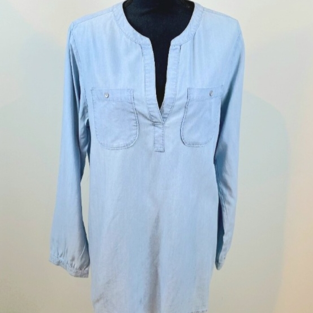 Denim Chambray Boyfriend Tunic Top Button Cuff Sleeve Lightweight